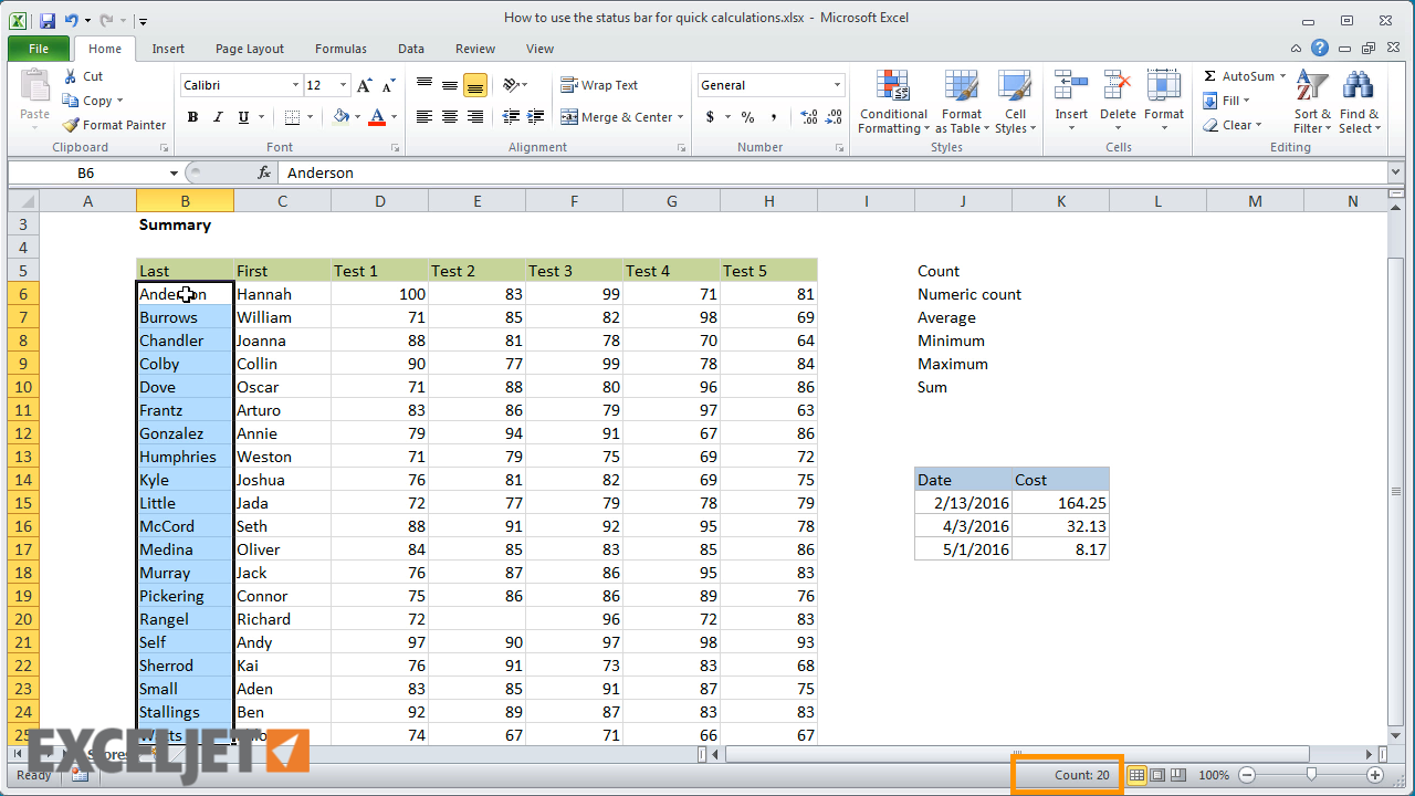 Excel tutorial How to use the status bar for quick calculations